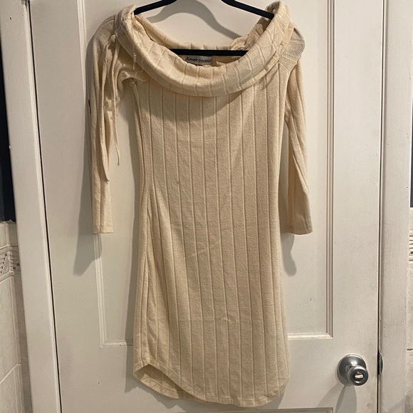 Almost Famous Dresses & Skirts - Almost Famous Cream Ribbed Off-Shoulder Knit Dress
